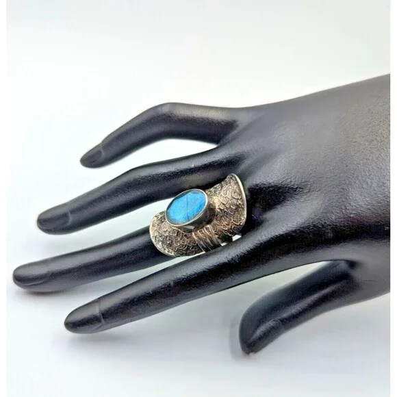 PTI India Sterling Silver 925 Labradorite Saddle Style Cocktail Ring Sz 7